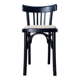 Curved black wooden bistro chair with striped seat