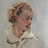 Oil on canvas charming portrait of a young woman with a headdress 1920
