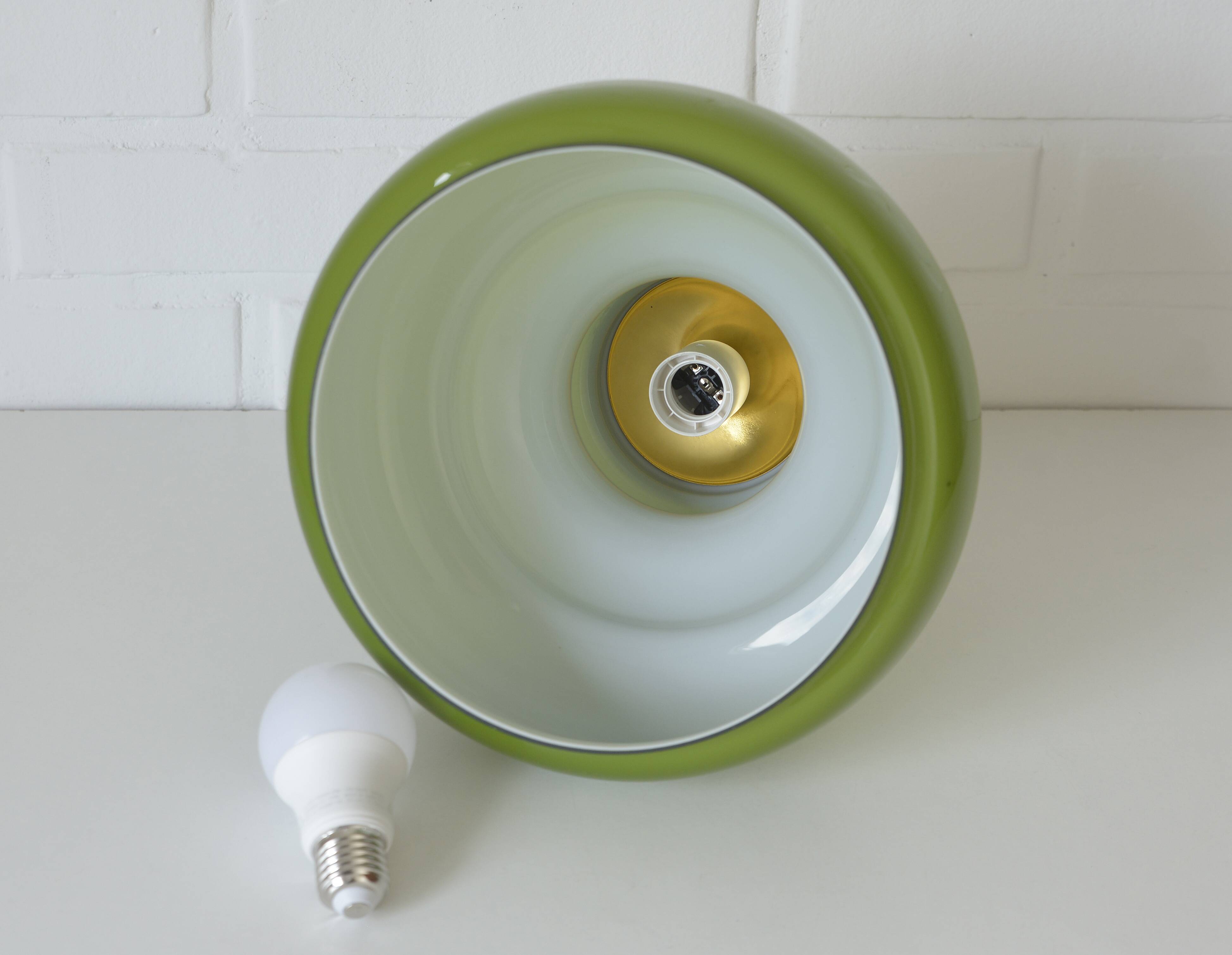 Vintage Avocado Green Glass Pendant Lamp / Yugoslavia 1970's