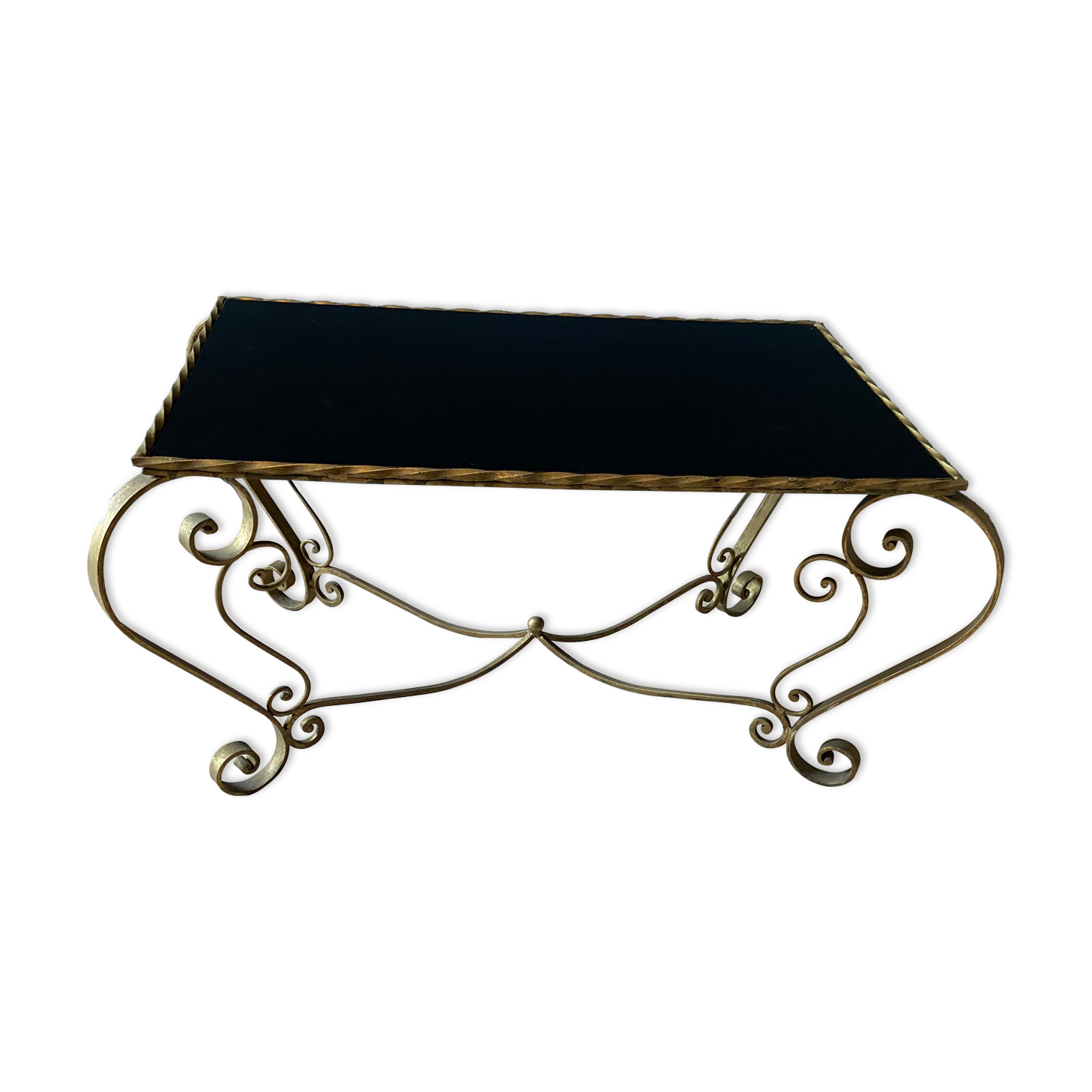 Table basse en métal doré et verre noir 1960