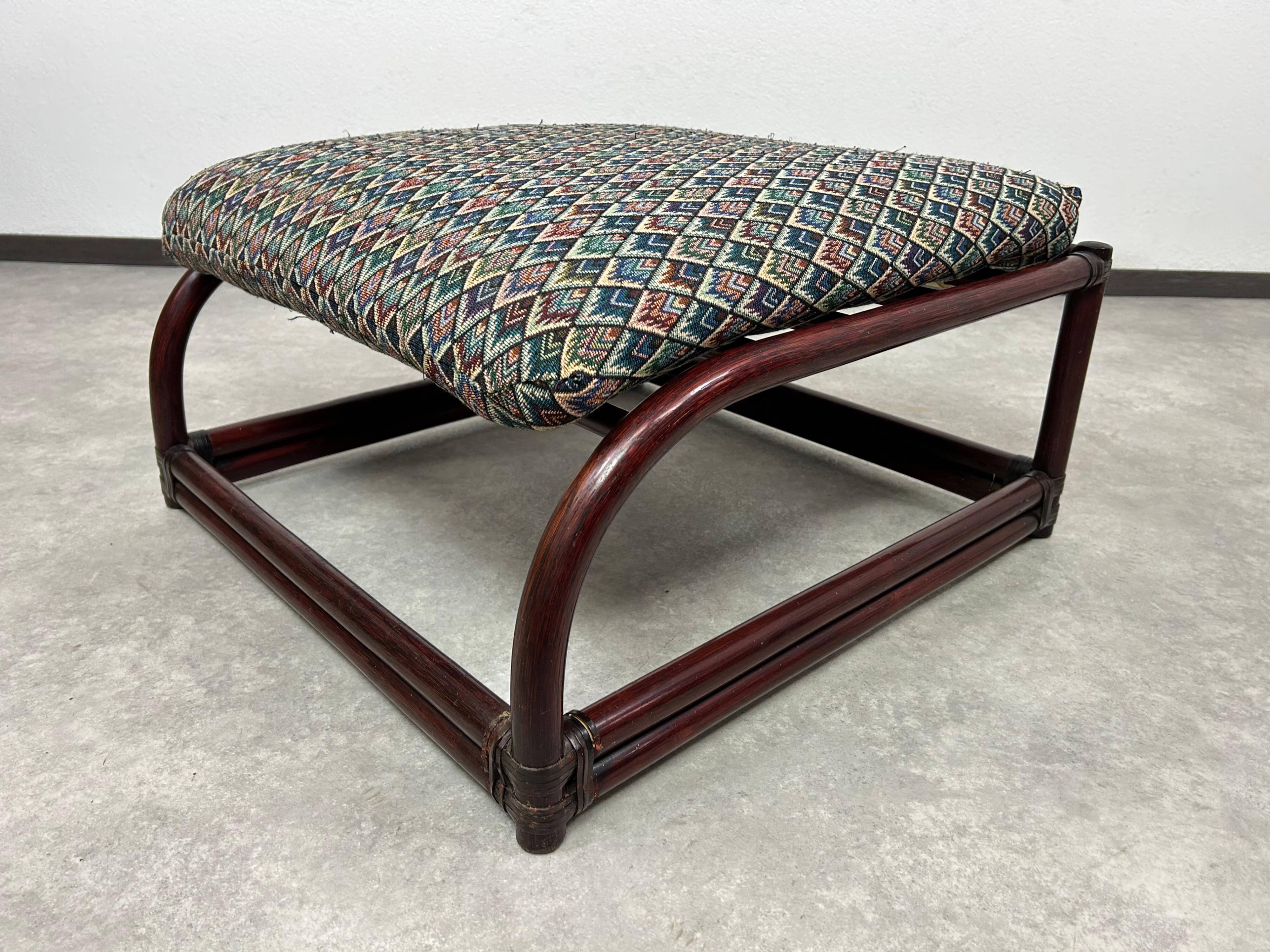 Fauteuil à oreilles en bambou de style milieu du siècle avec tabouret par Gervasoni