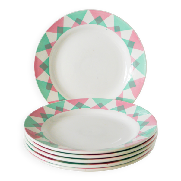 Lot de 5 assiettes à dessert, Digoin Sarreguemines modèle Arlequin, 1960