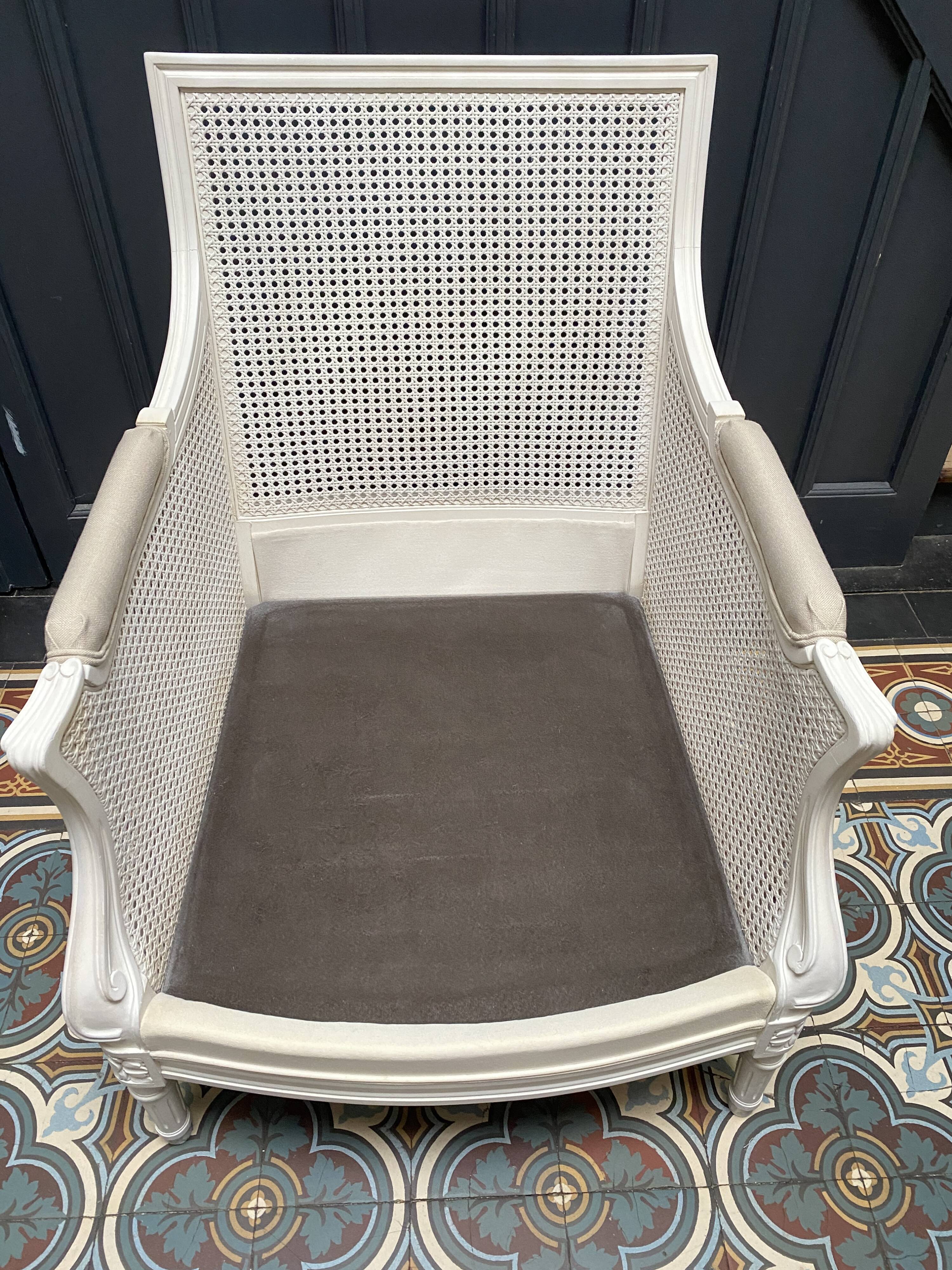 Pair of Louis XVI style caned Bergère armchairs