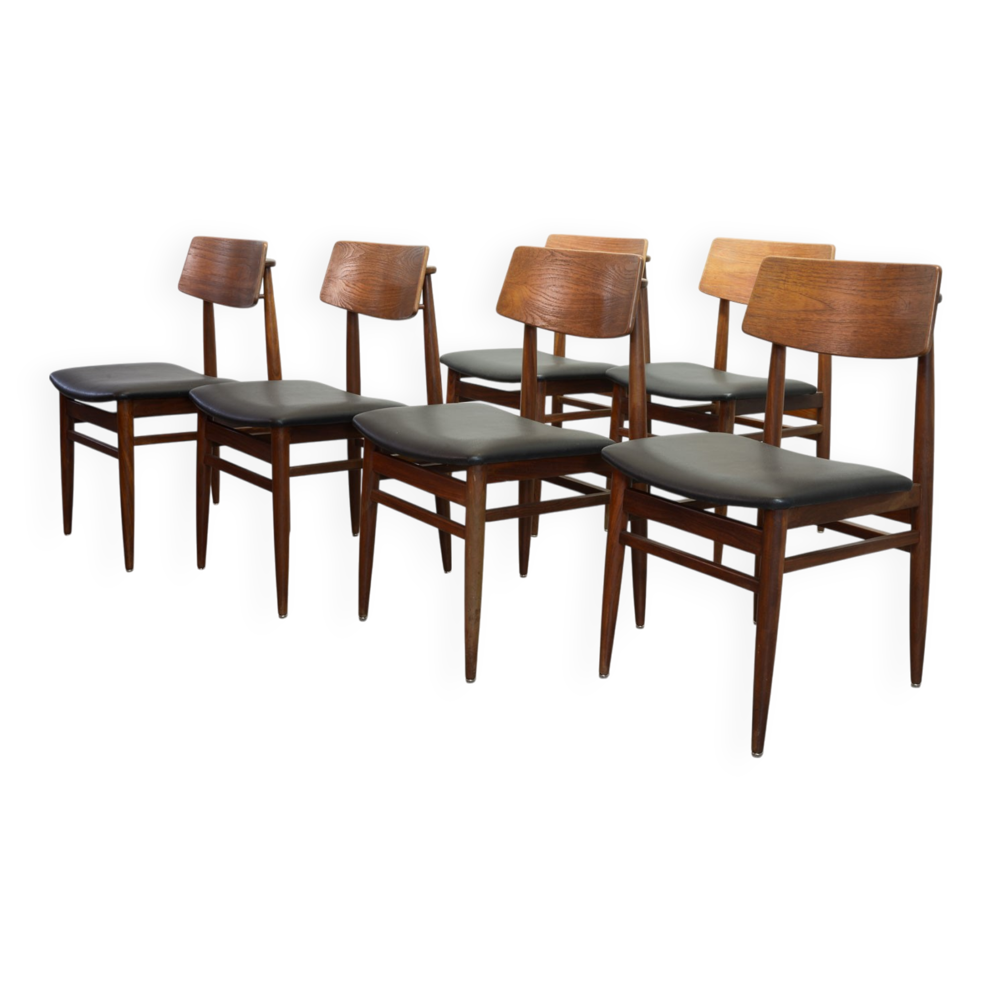 Danish Solid Teak Wooden Dining Chairs with Black Leatherette Seating 1960s