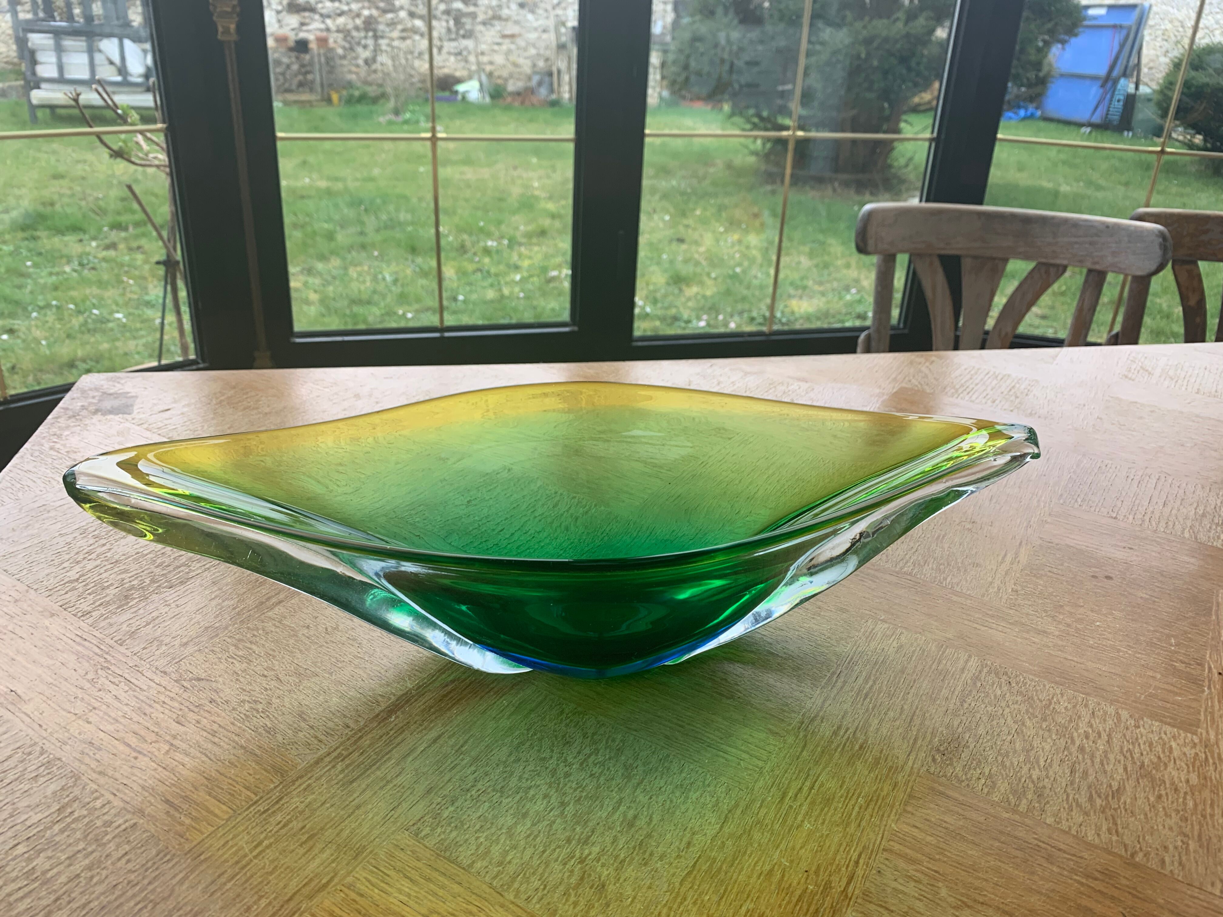 Glass fruit cup in the shape of a vintage yellow green vegetable leaf