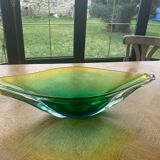 Coupe à fruits en verre en forme de feuille végétal jaune vert vintage
