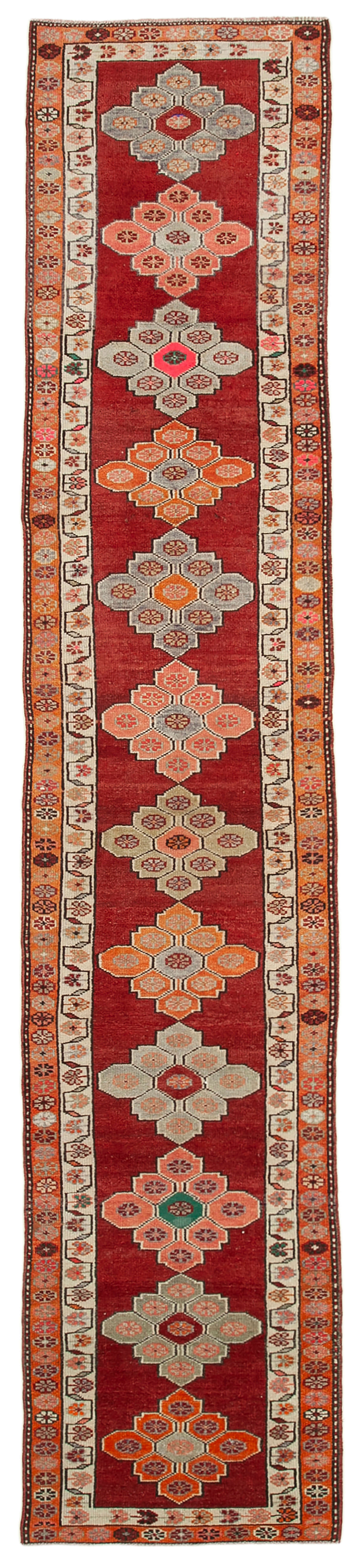Hand-knotted decorative turkish red runner carpet 88 cm x 470 cm
