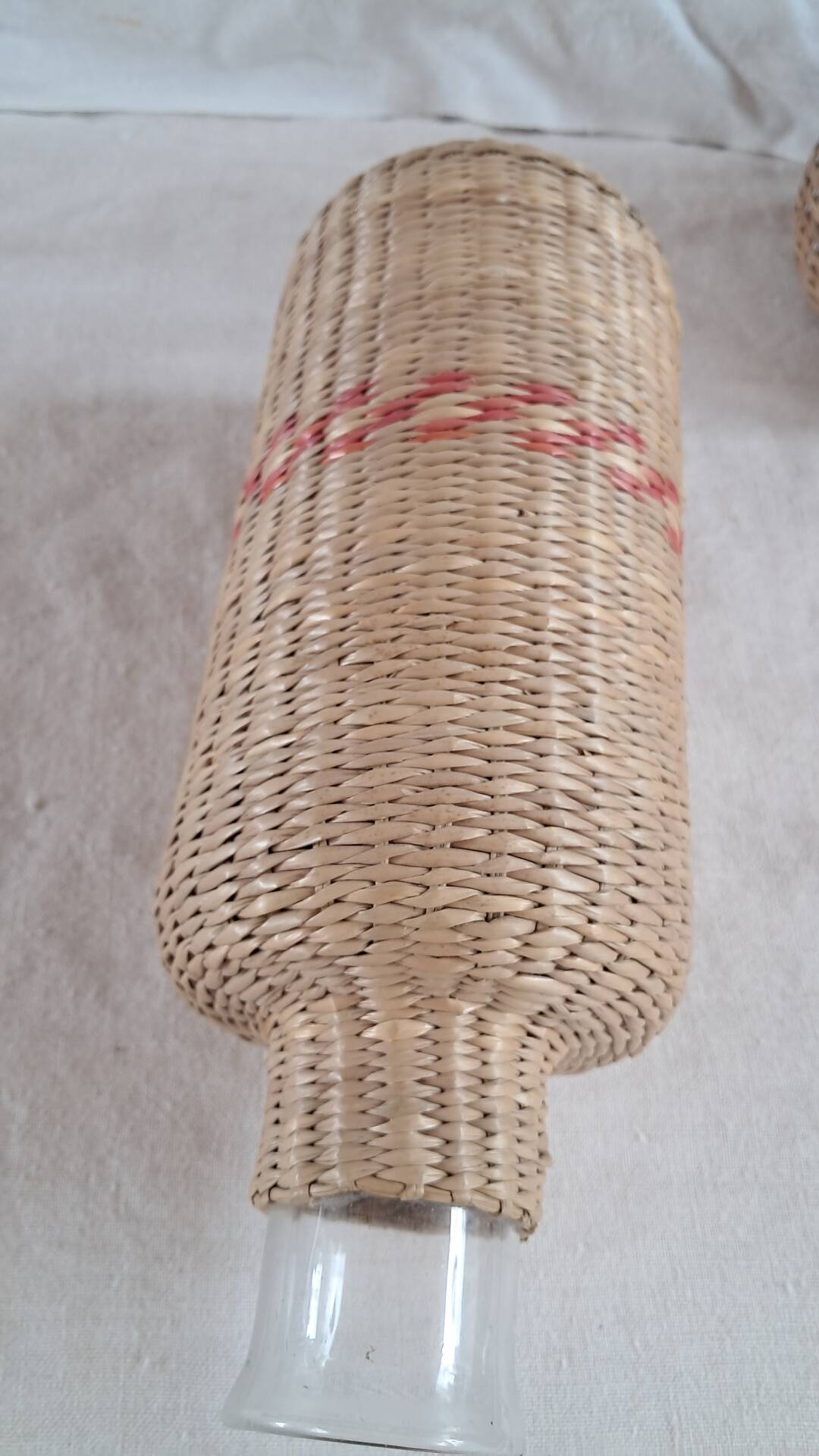 Pair of glass carafes / vases dressed in vintage woven rattan – A