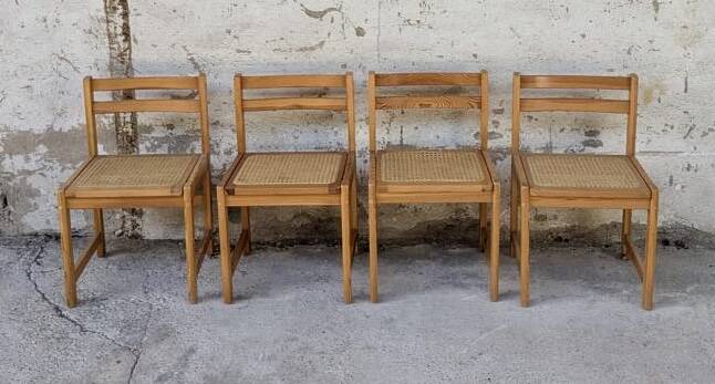 Set of 4 vintage pine chairs with cane seats