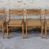 Set of 4 vintage pine chairs with cane seats