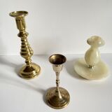 Trio of brass and vintage onyx candlesticks