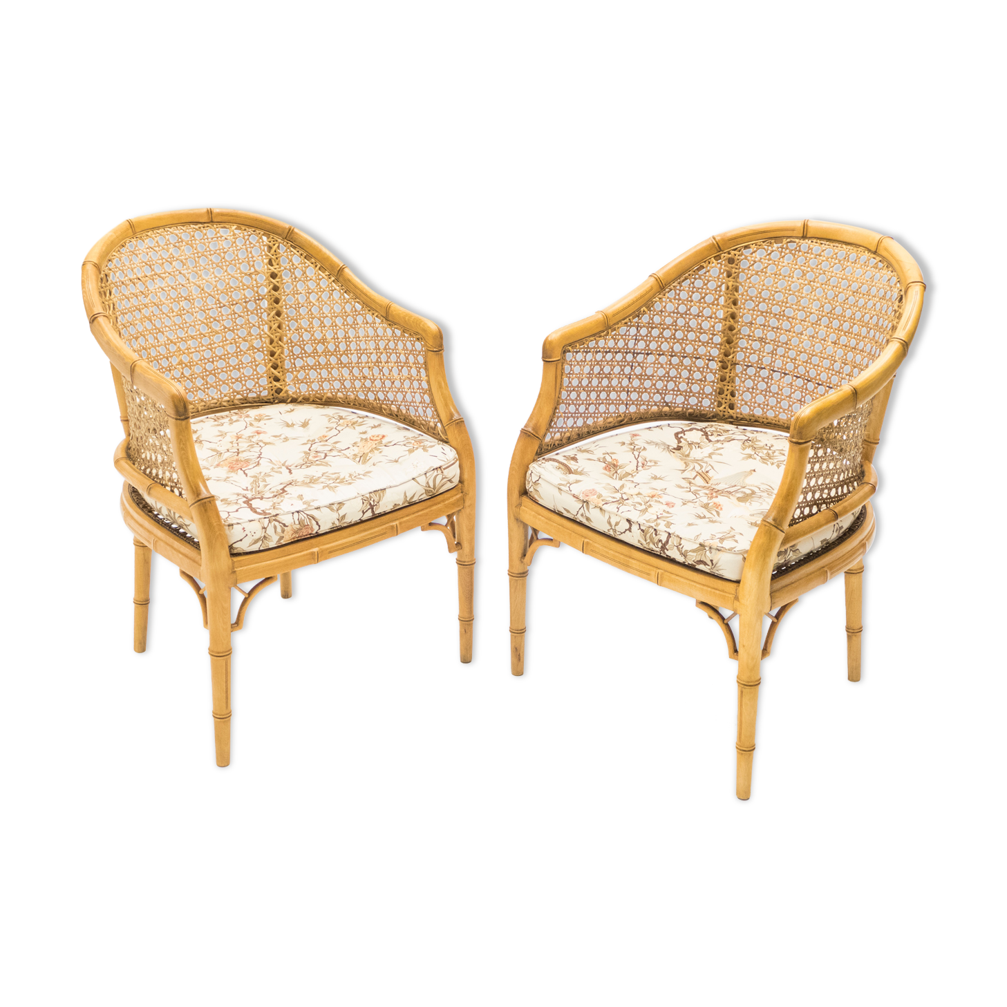Pair of bamboo chairs caning around 1960