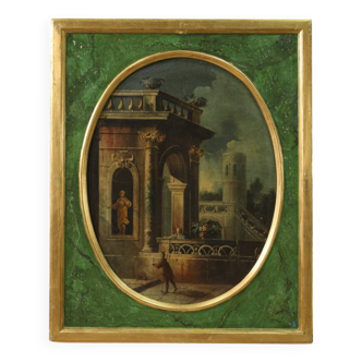 Italian painting view with architectures and characters from 18th century
