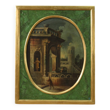 Italian painting view with architectures and characters from 18th century