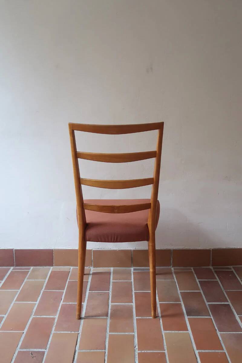4 vintage Scandinavian chairs in light wood, 1960s.