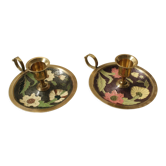 Lot de 2 bougeoirs ronds en métal doré et motifs fleuris