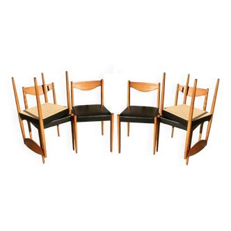 Set of 6 Danish chairs with black leatherette seats