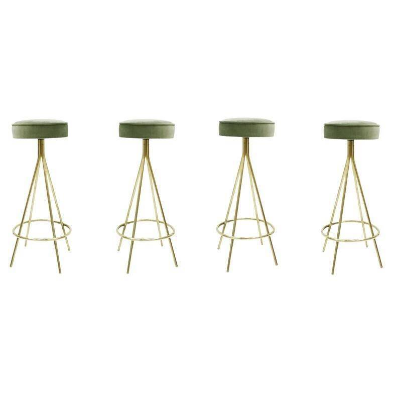 Midcentury Style Circular Brass and Cotton Velvet Italian Bar Stools