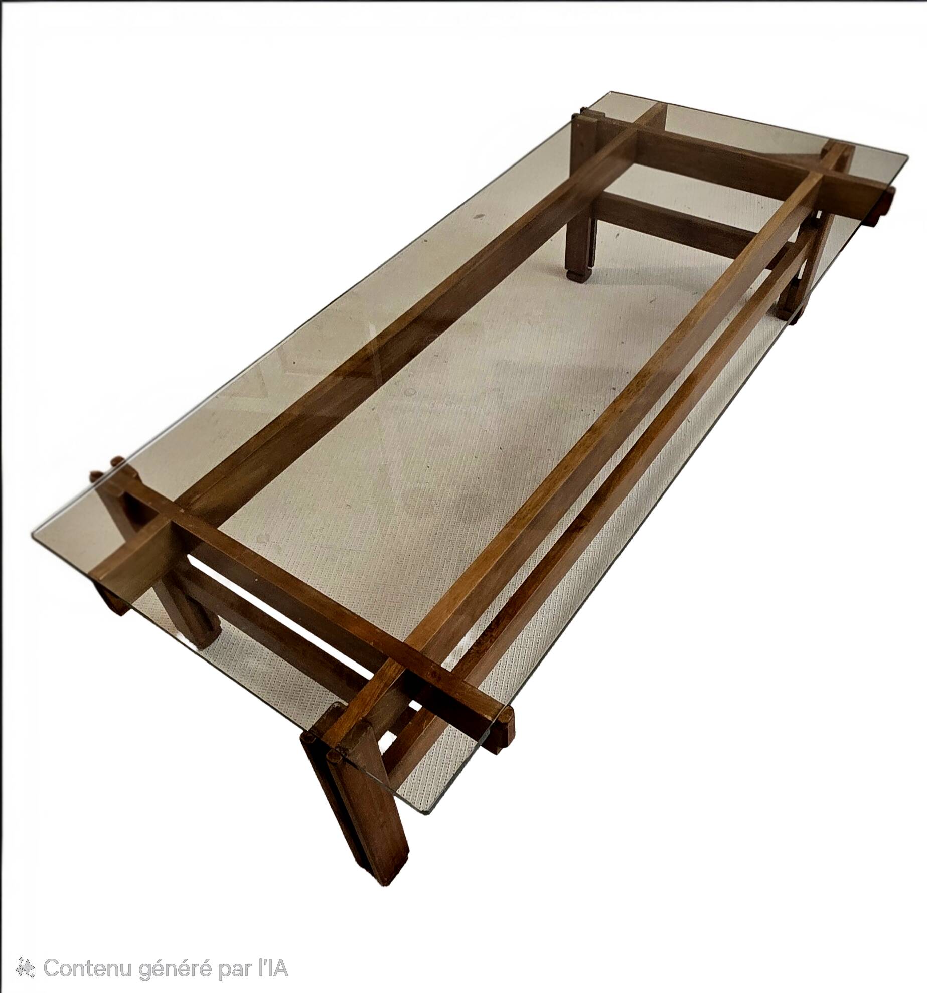 Glass coffee table with a wooden frame.