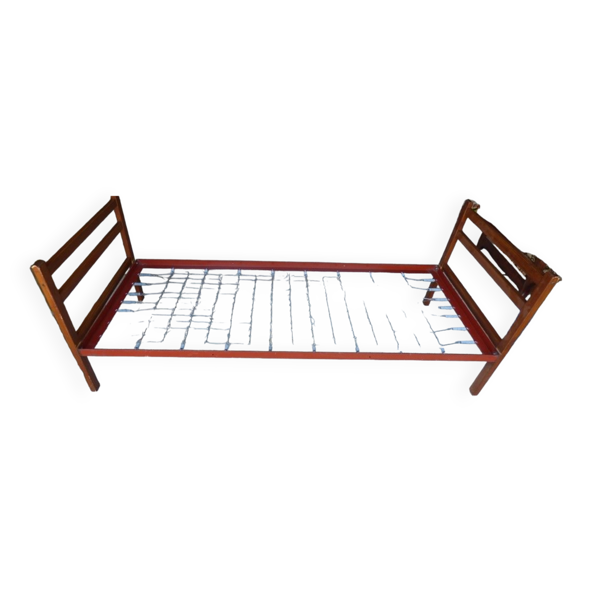 Single bed with wooden headboard and footboard and metal box spring