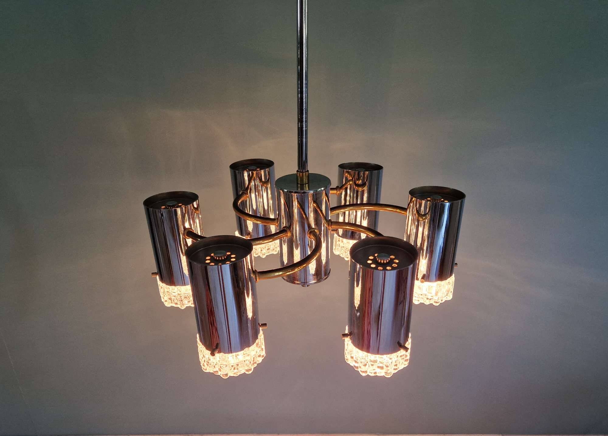 Space Age chandelier in chrome metal and brass, 1970s