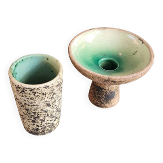 Brutalist ceramic vase and candlestick set