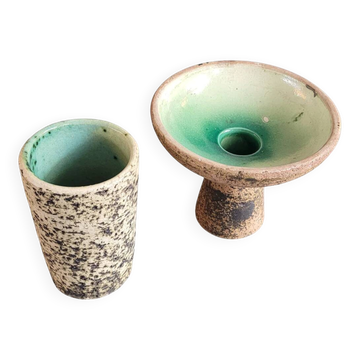 Ensemble vase + bougeoir en céramique brutaliste