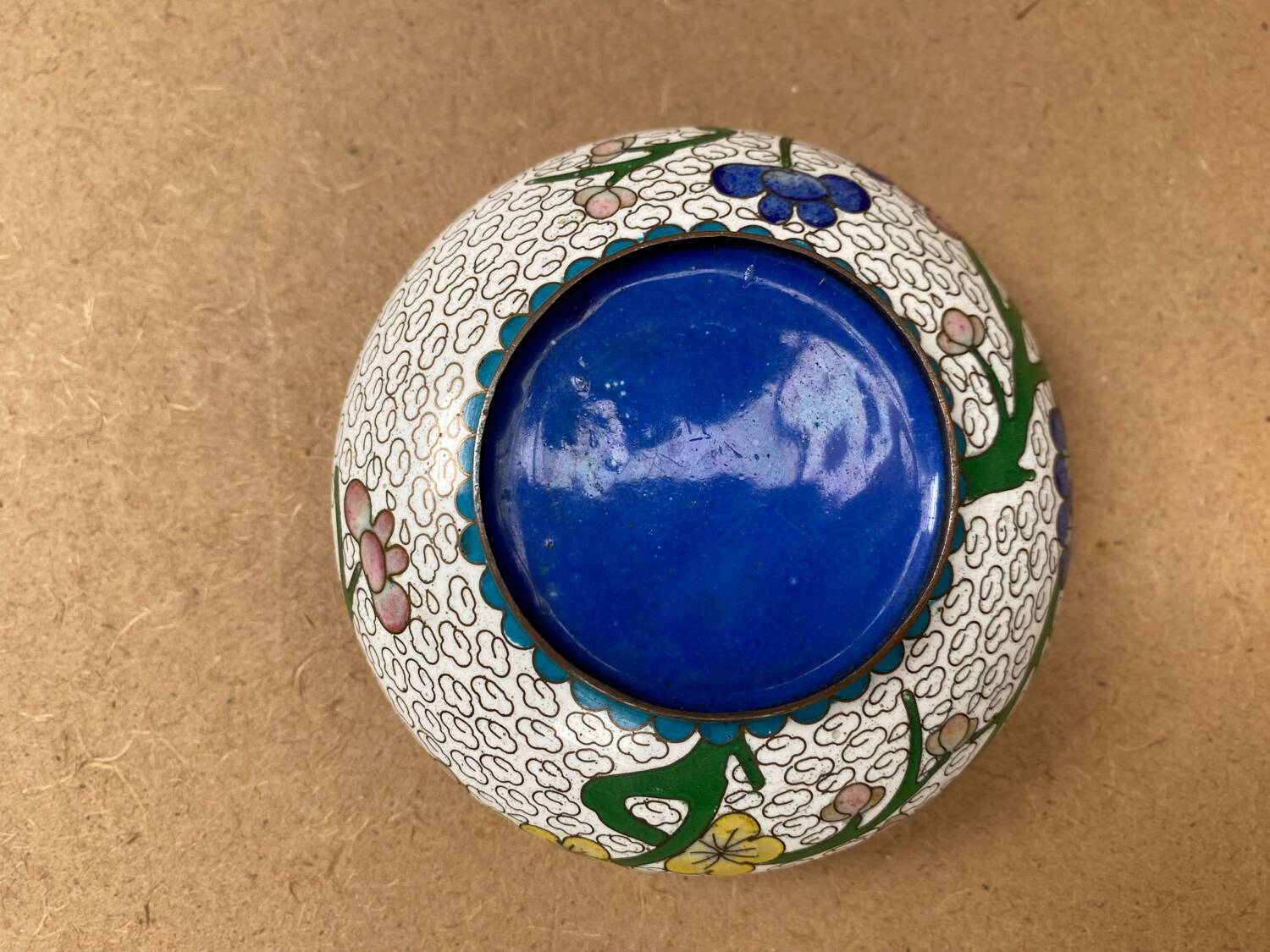 Antique Chinese Bronze Cloisonne Enamel Ashtray Vintage Flower Pattern