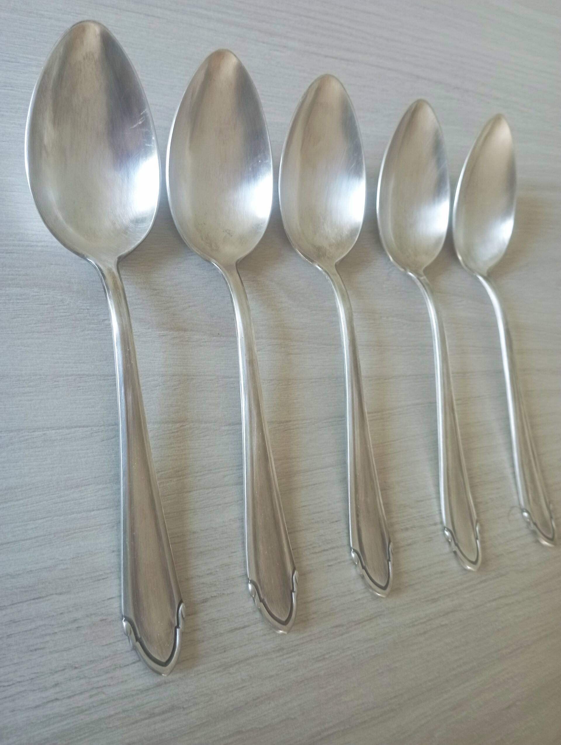 Set of 5 large silver metal spoons