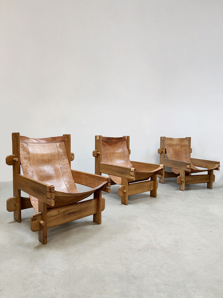 Vintage brutalist leather armchair 'Safari time'