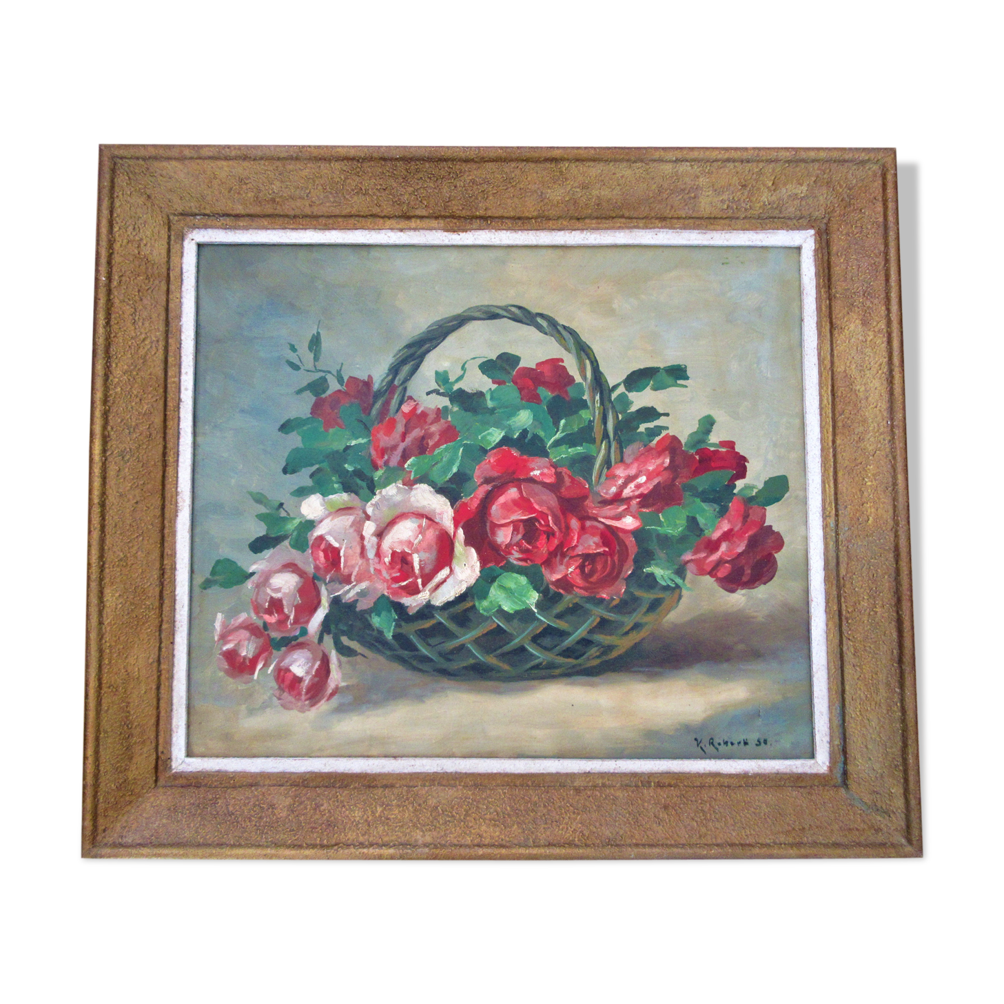Tableau Panier de roses 1950 signé