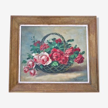 Tableau Panier de roses 1950 signé