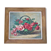 Tableau Panier de roses 1950 signé