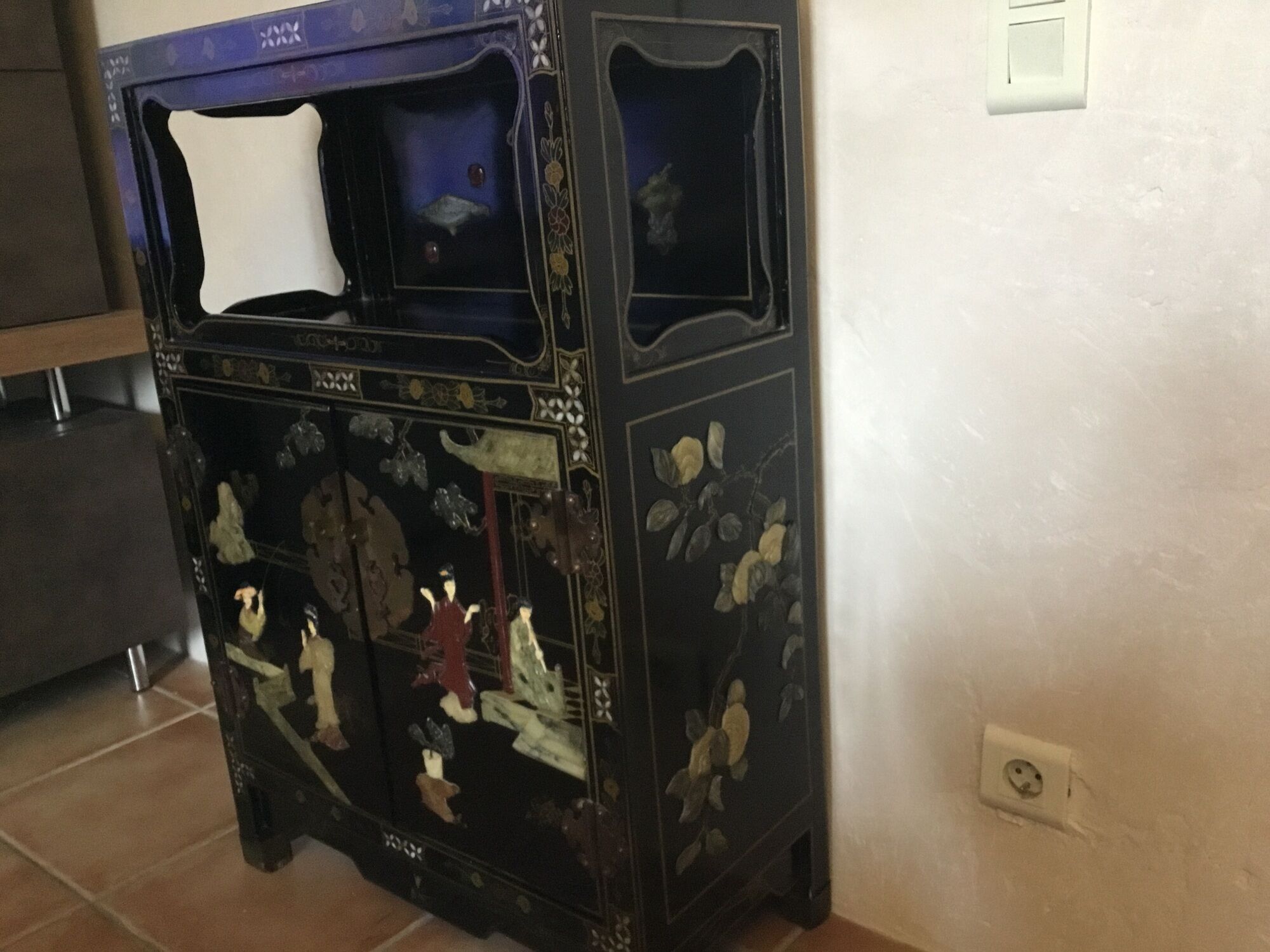 Asian laque furniture embossed motifs mother-of-pearl, stone and other