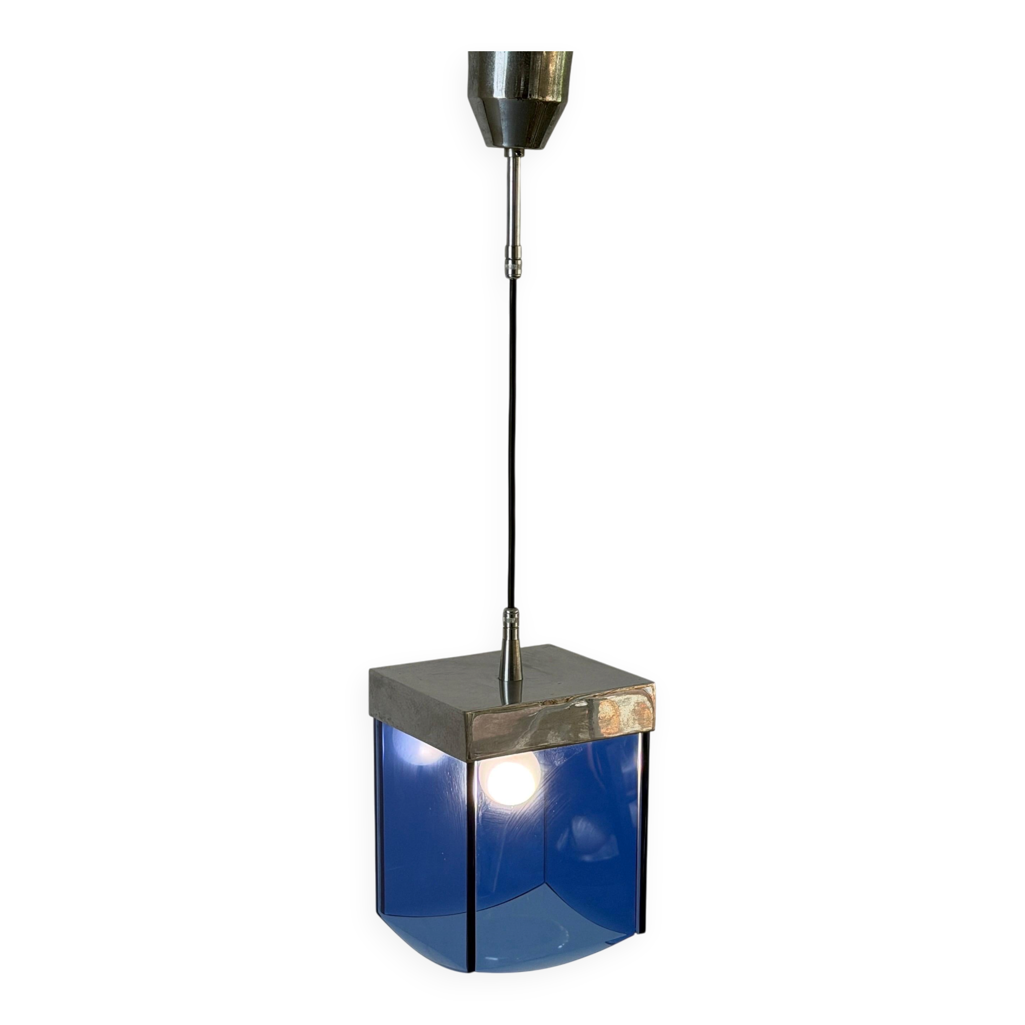 Art Deco ceiling light in blue glass and chrome, 1950s, Italy