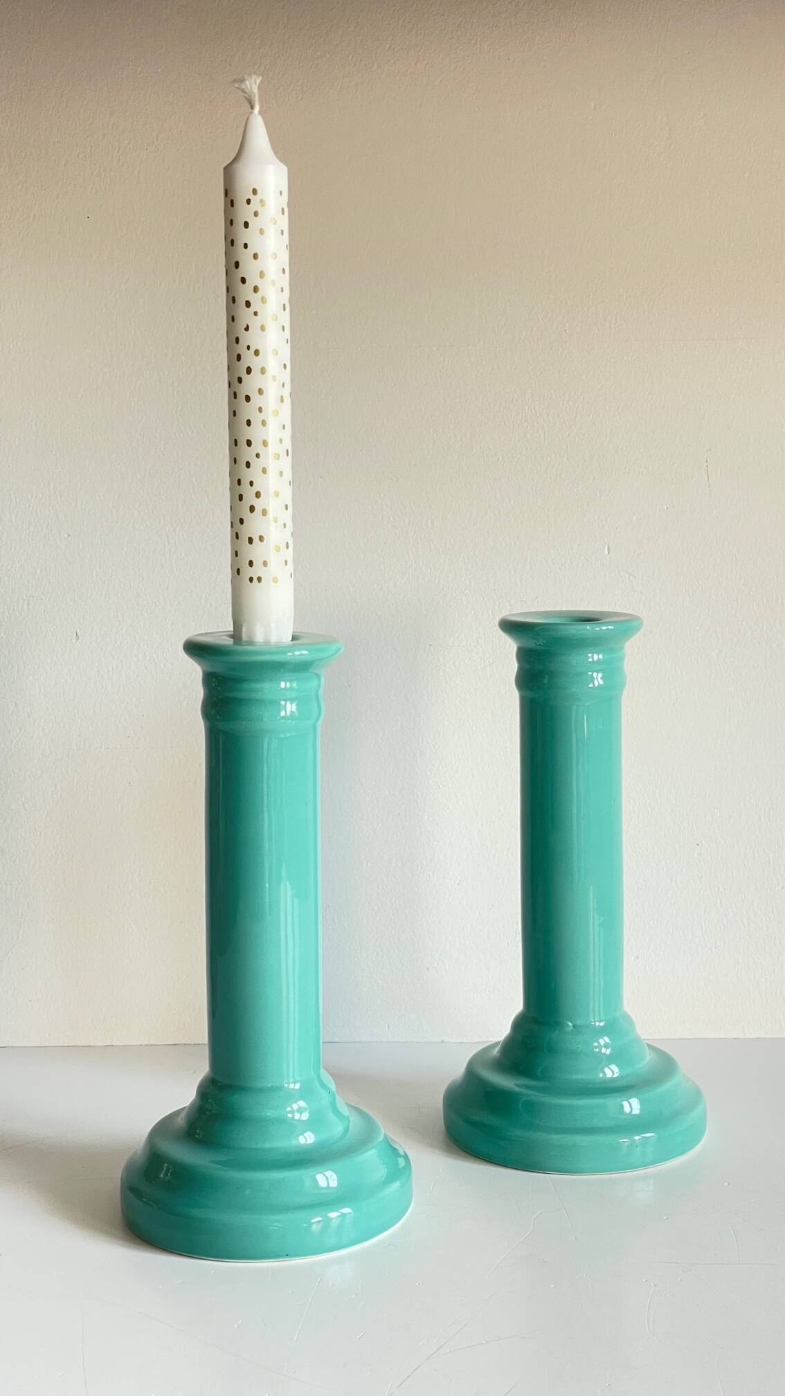 Pair of vintage ocean blue ceramic candlesticks