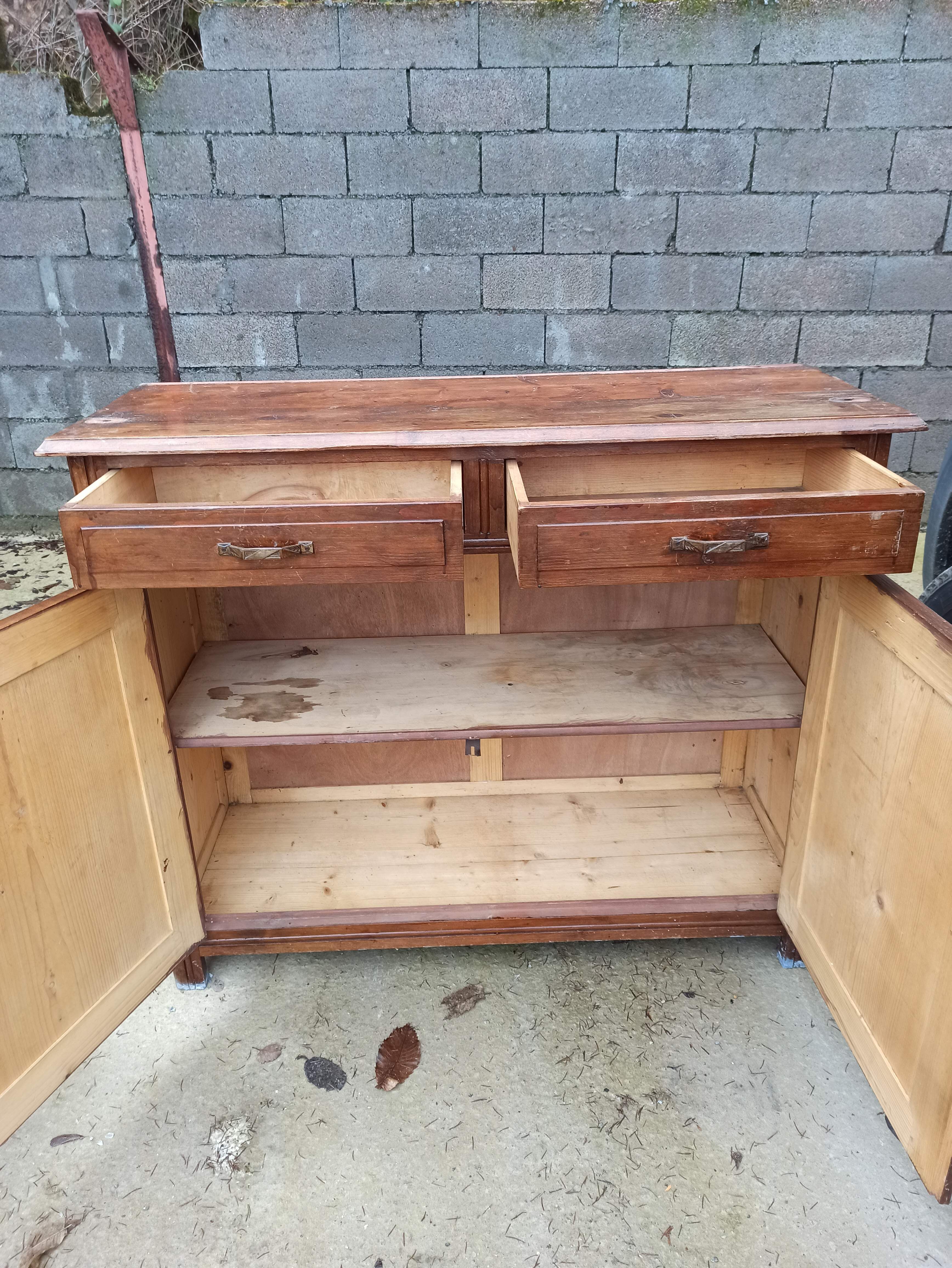 Low Parisian sideboard in solid wood 2 doors 2 drawers art deco handles
