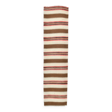 3x11 Beige Brown Striped Pattern Kilim Runner Rug, 78x327Cm