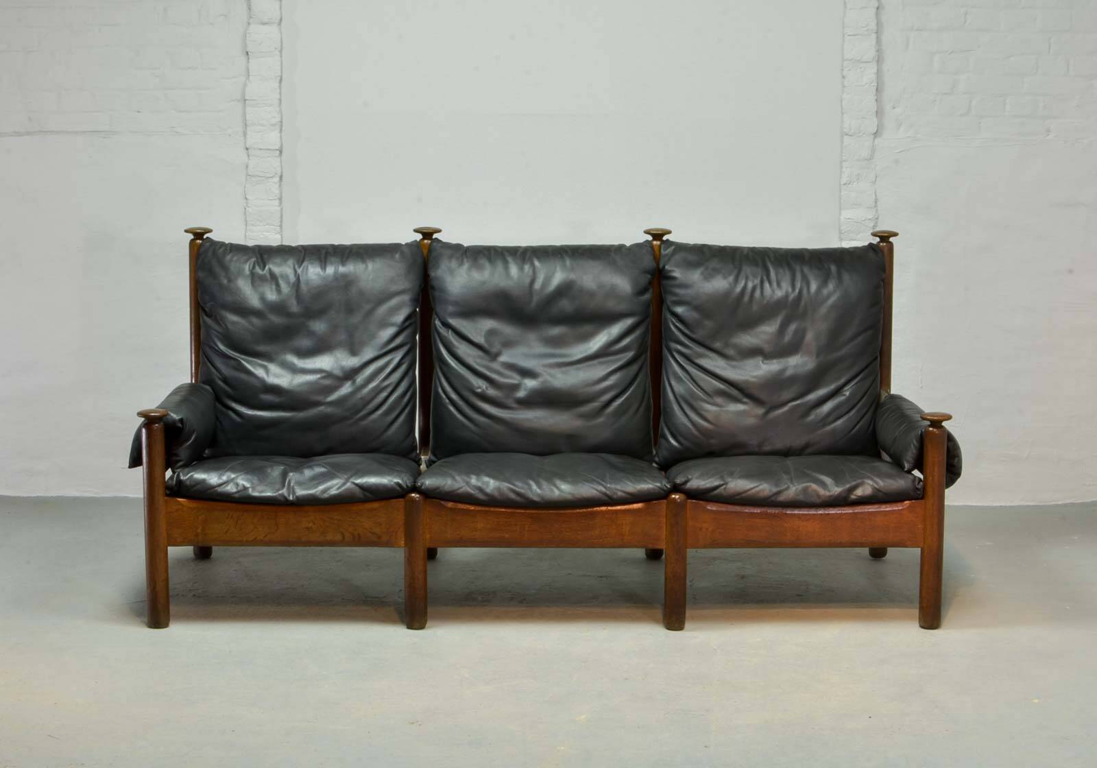 Sturdy Mid-Century Smooth Black Leather Scandinavian 3-Seat Sofa, 1960s