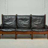 Sturdy Mid-Century Smooth Black Leather Scandinavian 3-Seat Sofa, 1960s