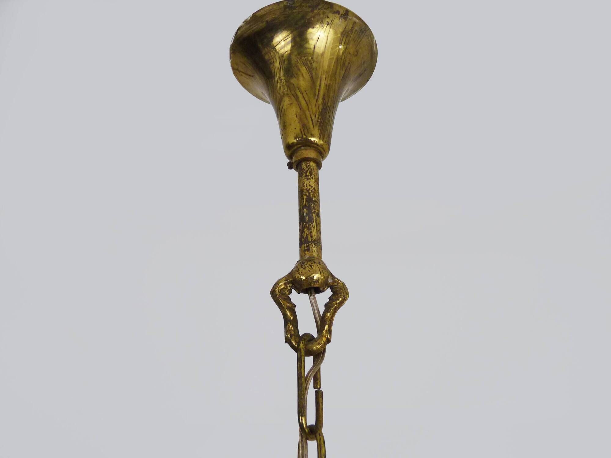 Chandelier, crown ceiling light in brass, 3 levels, 1 light, water drop pendants. 70s
