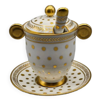 Limoges porcelain mustard pot, fine gold gilded, with saucer and spoon