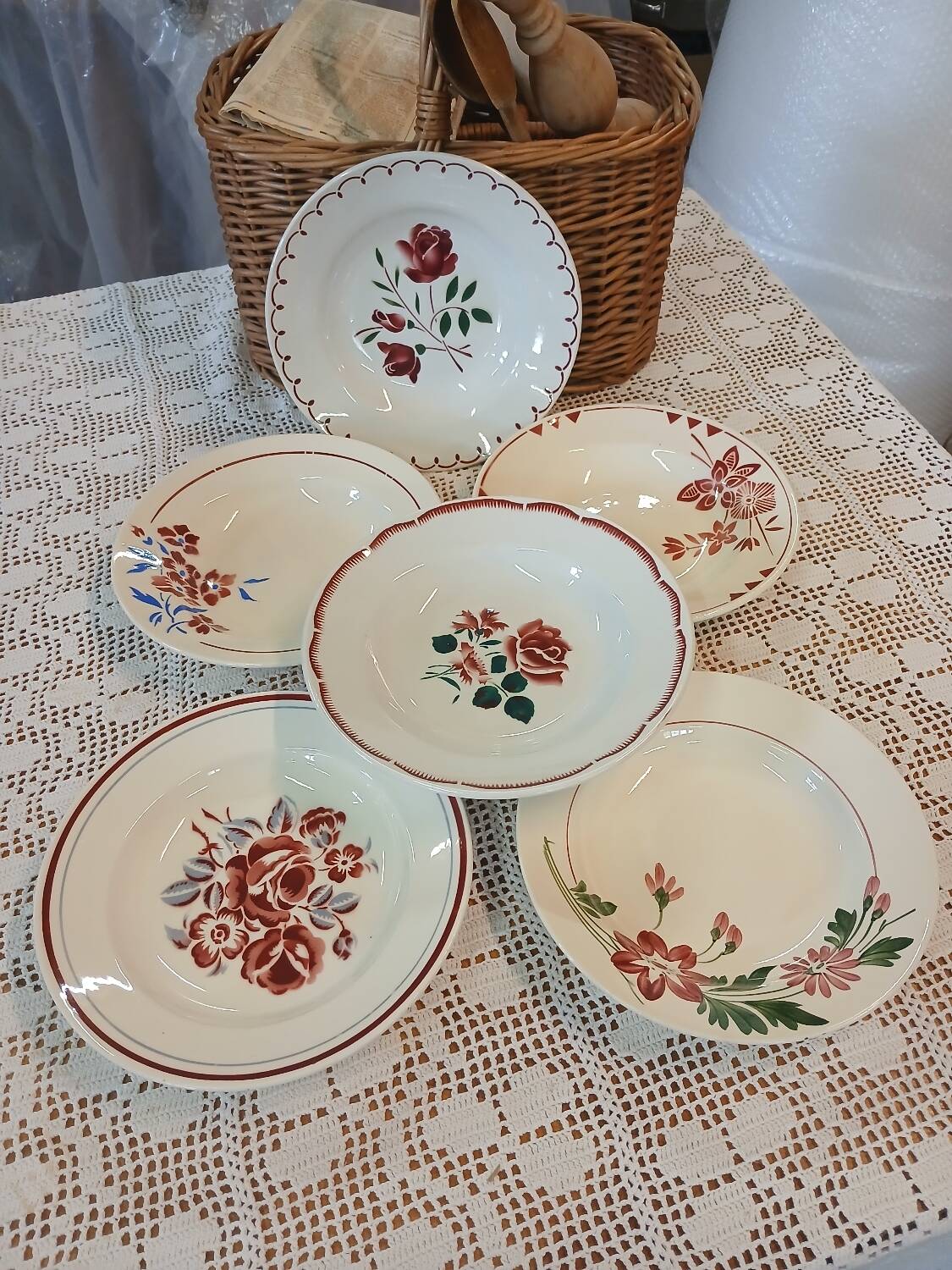 6 mismatched antique soup plates