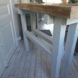 Vintage workbench with pearl gray patinated base and wooden top
