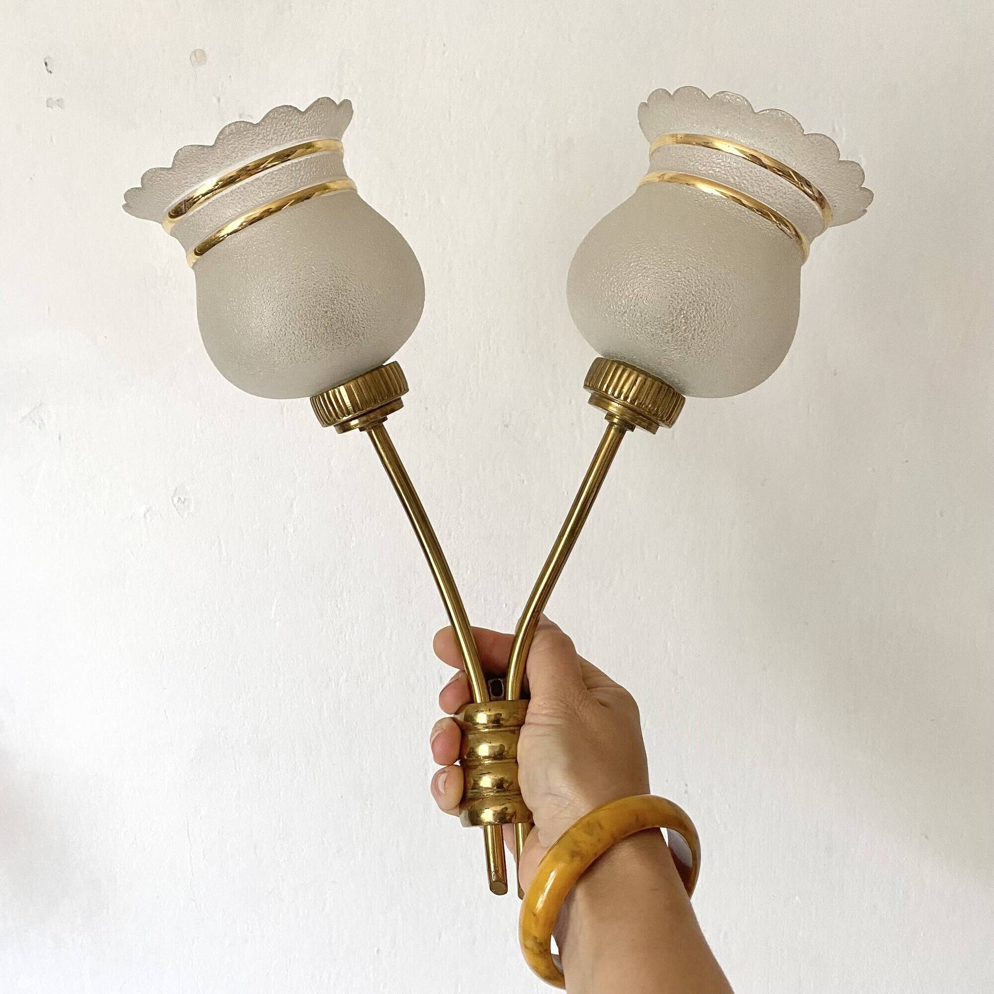Set of 4 double wall lights in brass and frosted glass