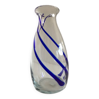 Vase en verre épais design moderniste liseré cobalt façon murano