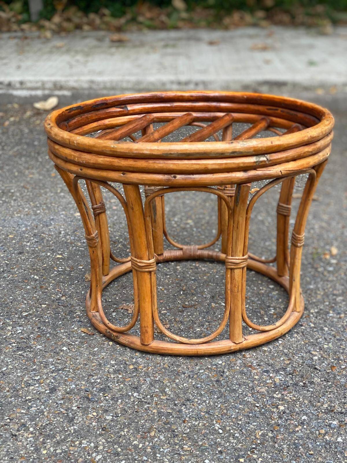 Vintage round woven bamboo pouf