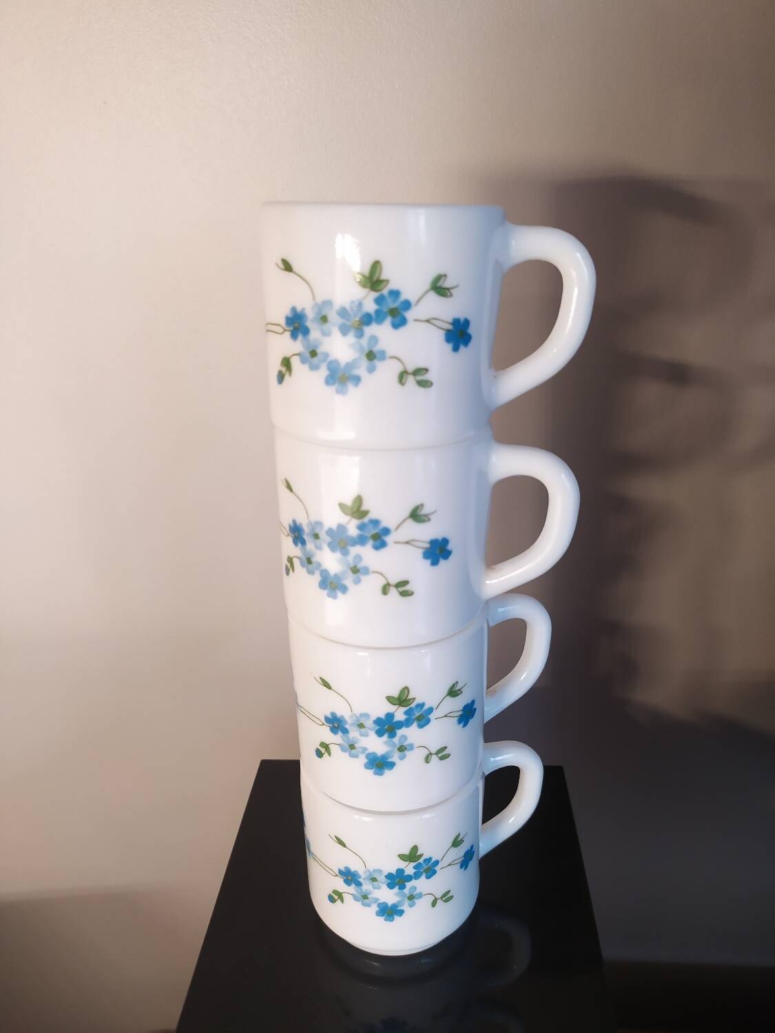 Vintage Arcopal forget-me-not coffee cups