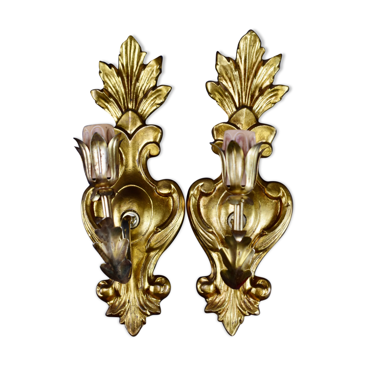 Pair of walled carved wood wall lamps