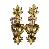 Pair of walled carved wood wall lamps